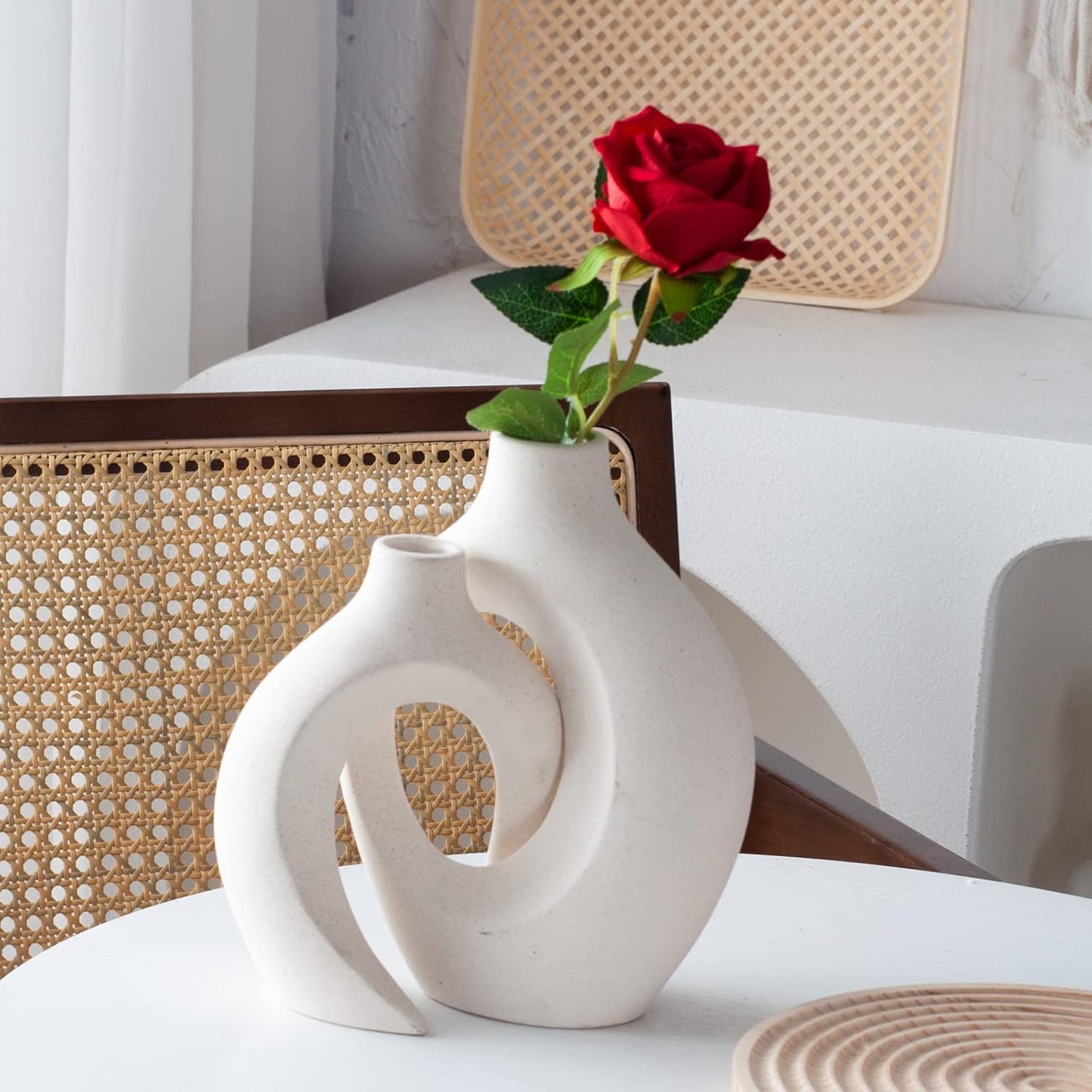 Set of 2 Ivory White Hollow Ceramic Vases, Modern Round Vase for Bookshelf Decor Scandinavian Minimalist Style, Vases for Modern Home Living Room and Coffee Table Entryway