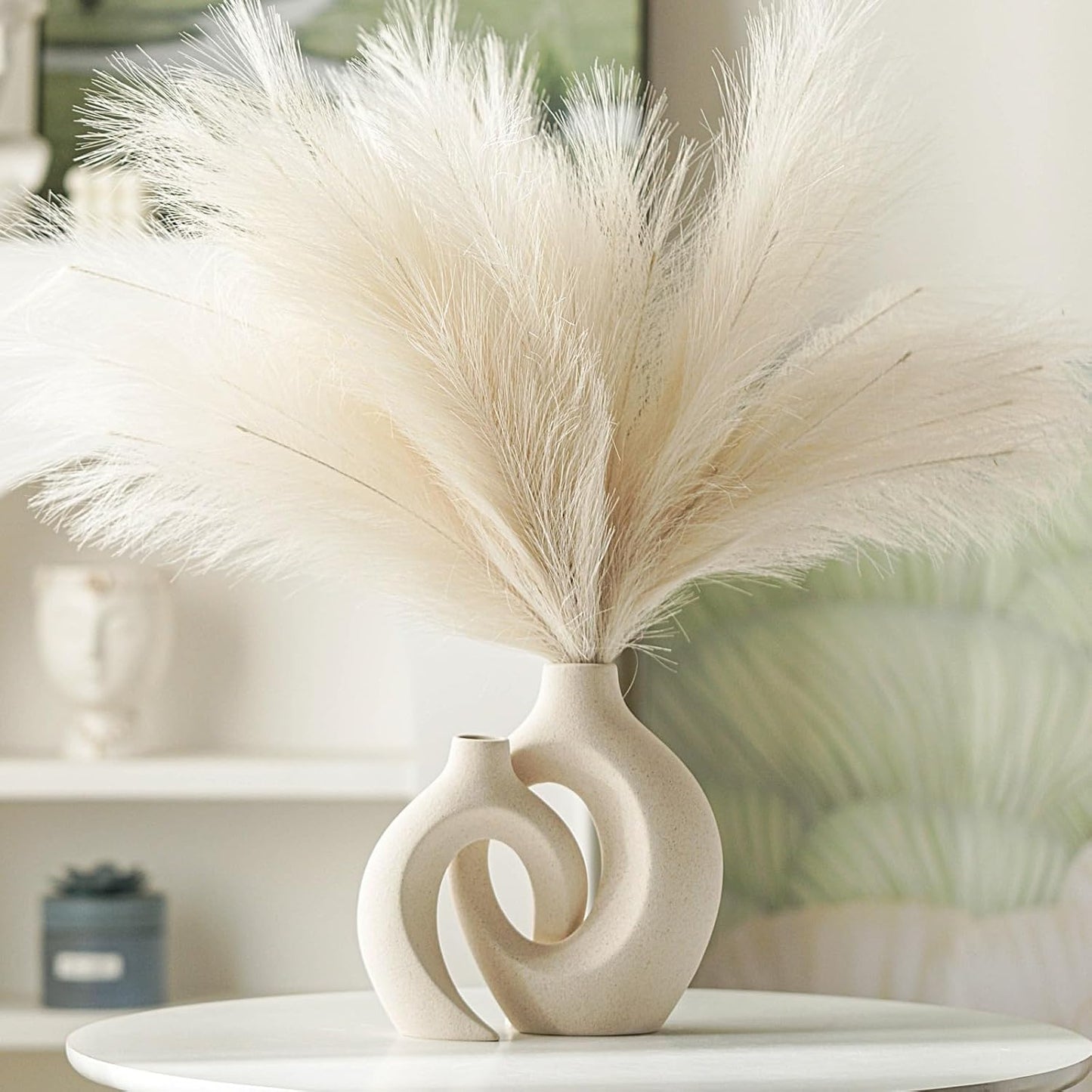Set of 2 Ivory White Hollow Ceramic Vases, Modern Round Vase for Bookshelf Decor Scandinavian Minimalist Style, Vases for Modern Home Living Room and Coffee Table Entryway