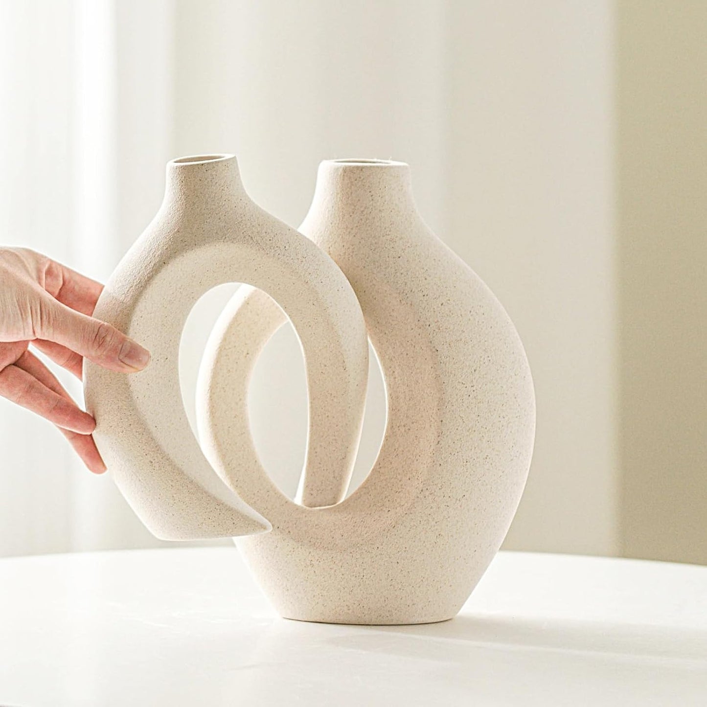 Set of 2 Ivory White Hollow Ceramic Vases, Modern Round Vase for Bookshelf Decor Scandinavian Minimalist Style, Vases for Modern Home Living Room and Coffee Table Entryway