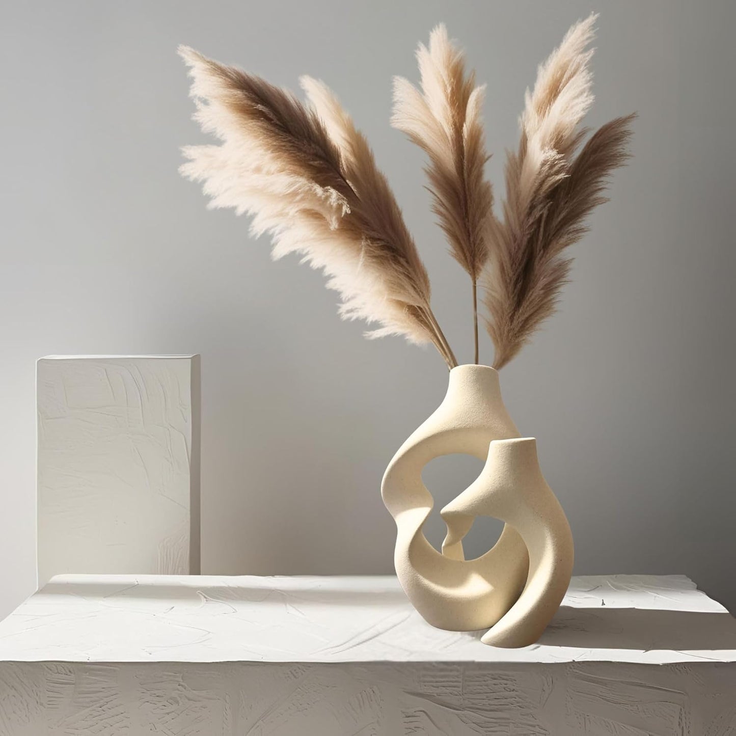 2-Piece Ceramic Vases Set - Donut Shape Hollow Flower Vase for Home Decor, Modern Nordic Boho Style Vases for Coffee Table Decor, Bookshelf Decor, Living Room, Entryway, Office Display (Cream White)