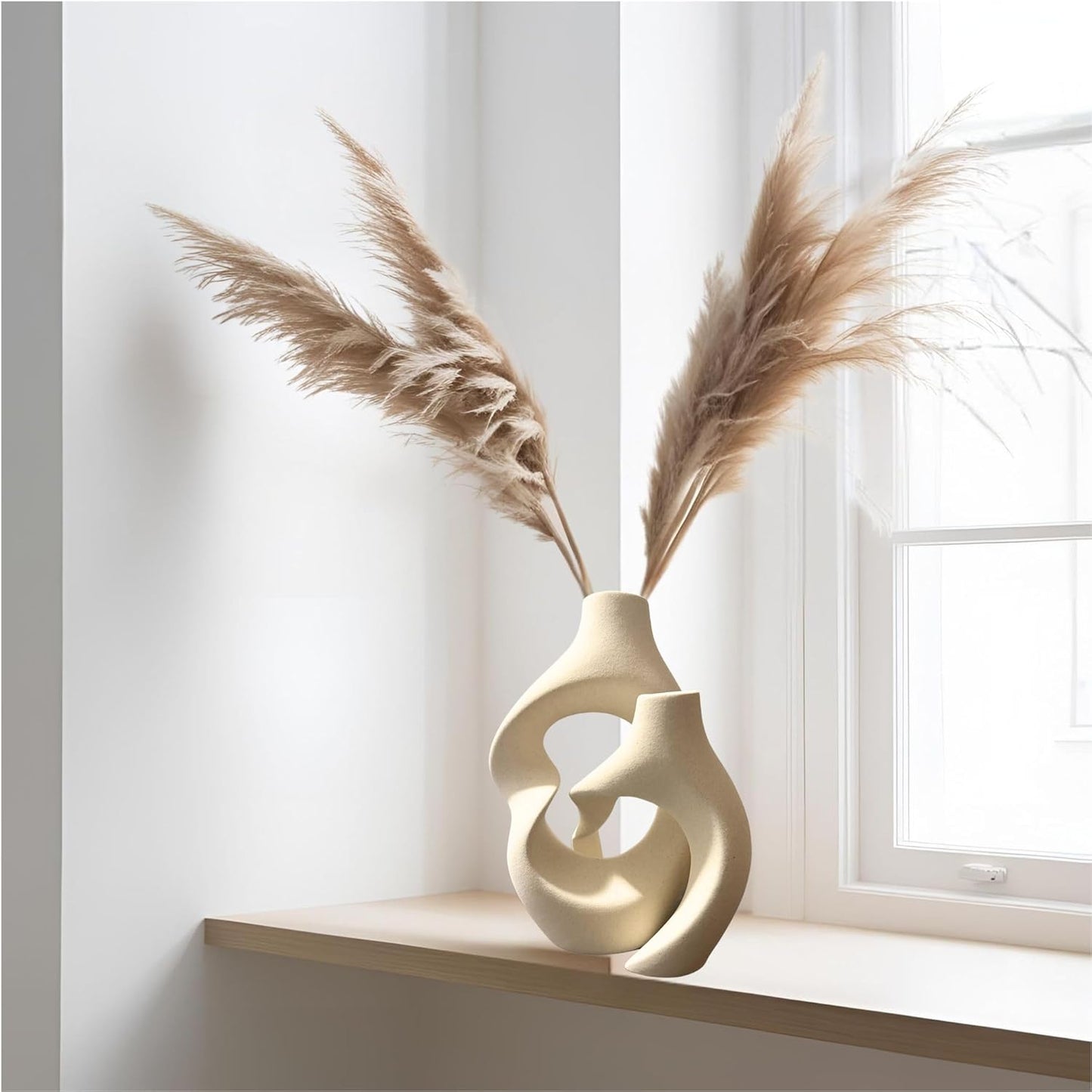 2-Piece Ceramic Vases Set - Donut Shape Hollow Flower Vase for Home Decor, Modern Nordic Boho Style Vases for Coffee Table Decor, Bookshelf Decor, Living Room, Entryway, Office Display (Cream White)