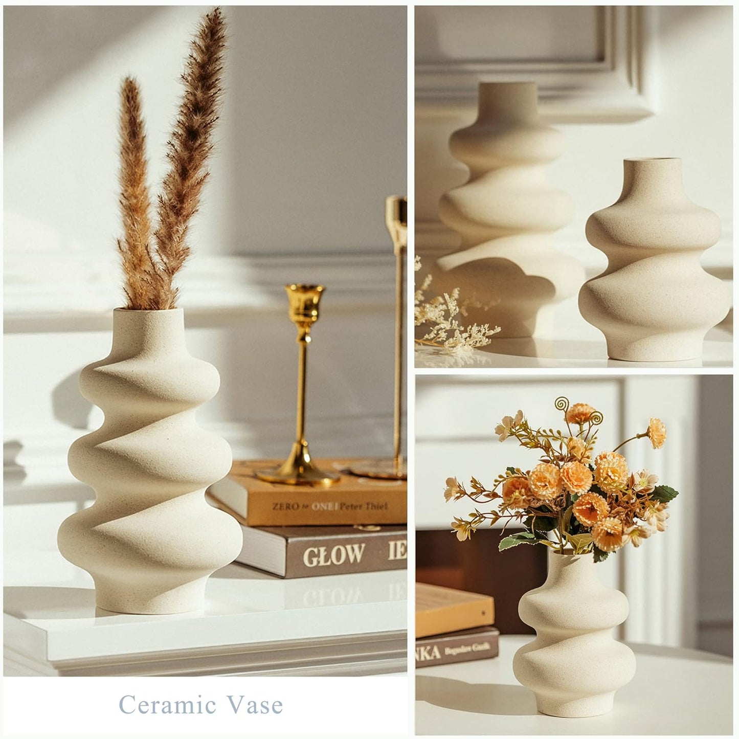 2-Piece Ceramic Vases Set, Modern Home Decor, Ivory White Round Vases, Modern Dried Flower Vases, Boho Home Decor for Wedding Centerpieces, Dinner Tables, Living Room, Office, Bedroom