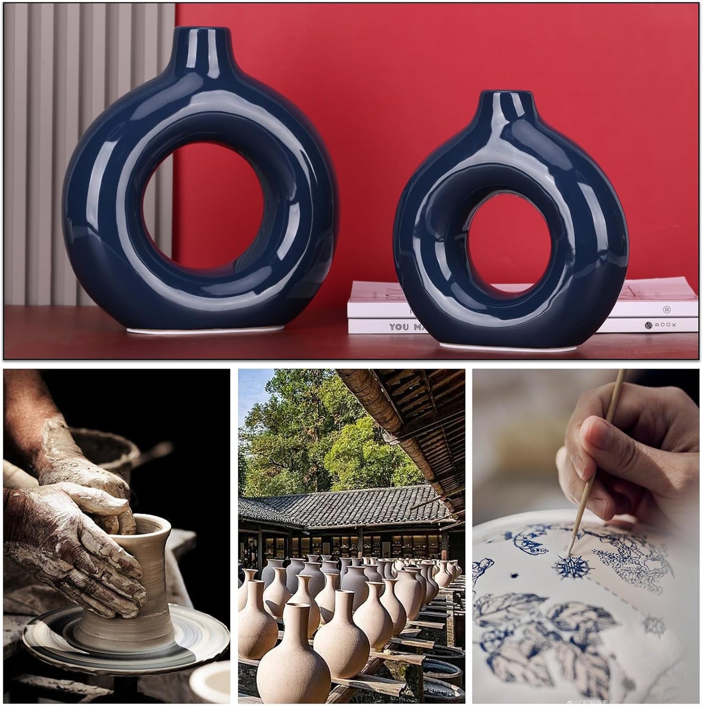 Ceramic Vases for Home Decor, Dark Blue Pampas Grass Vase, Donut Shaped Vase, Modern Dining Table Centerpiece