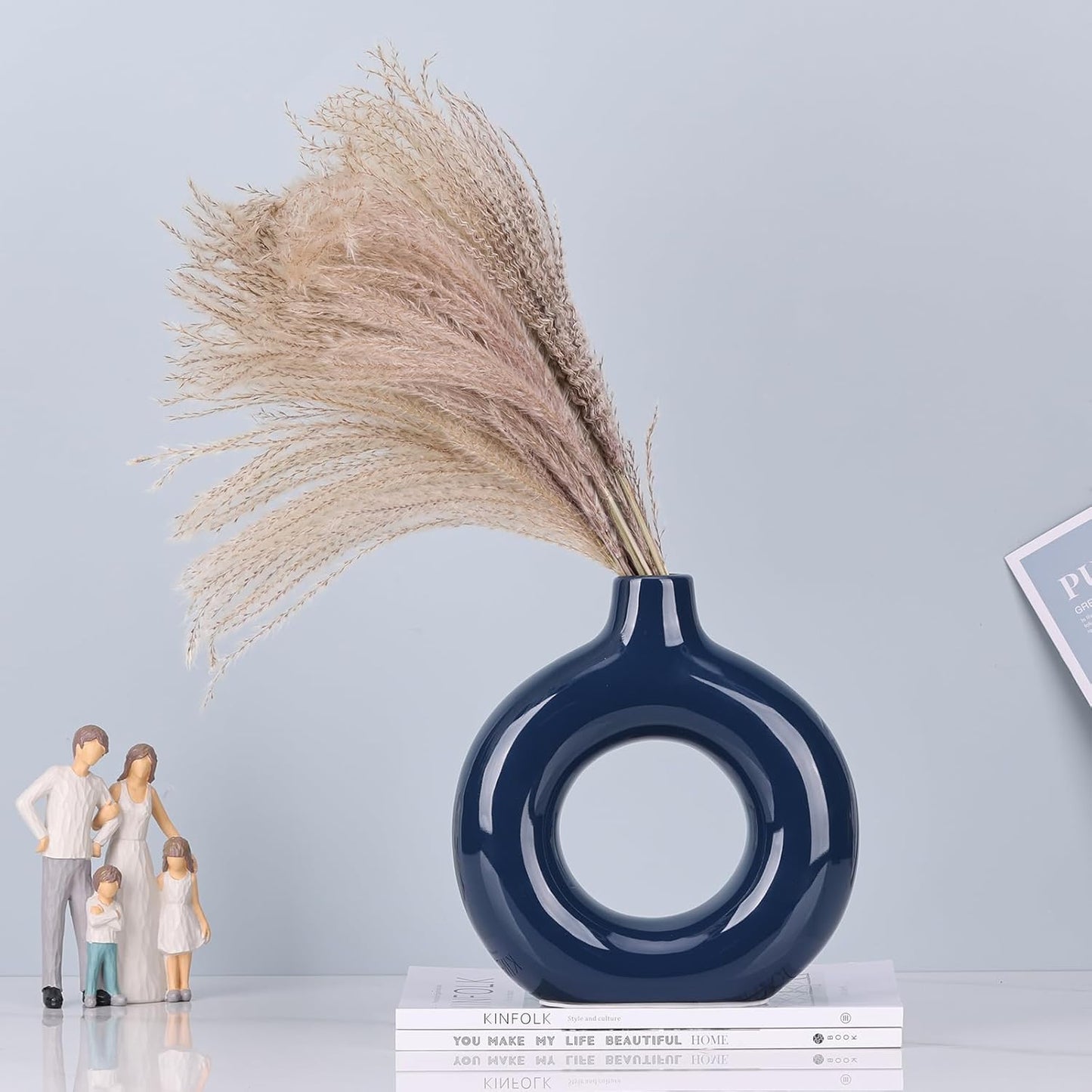 Ceramic Vases for Home Decor, Dark Blue Pampas Grass Vase, Donut Shaped Vase, Modern Dining Table Centerpiece