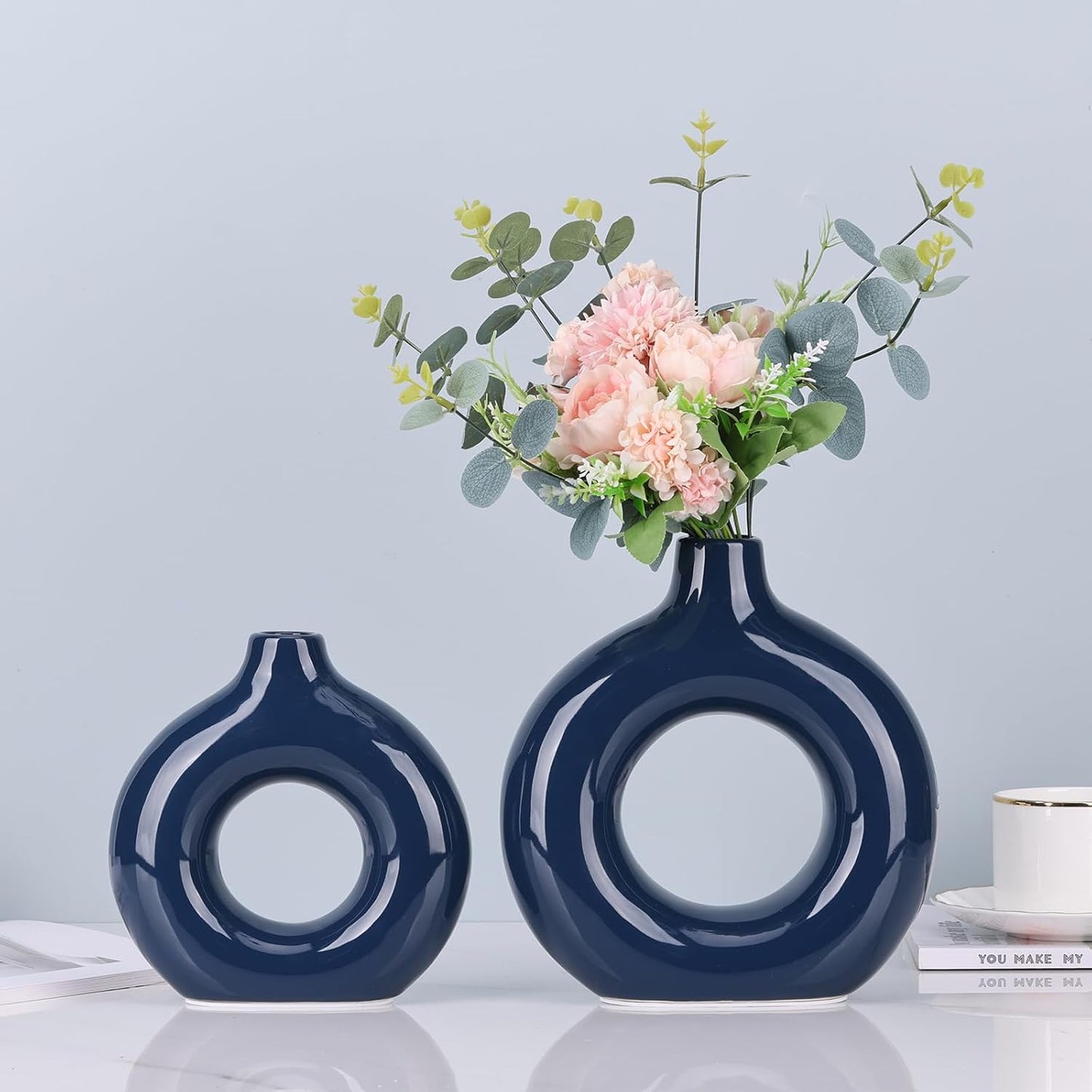 Ceramic Vases for Home Decor, Dark Blue Pampas Grass Vase, Donut Shaped Vase, Modern Dining Table Centerpiece