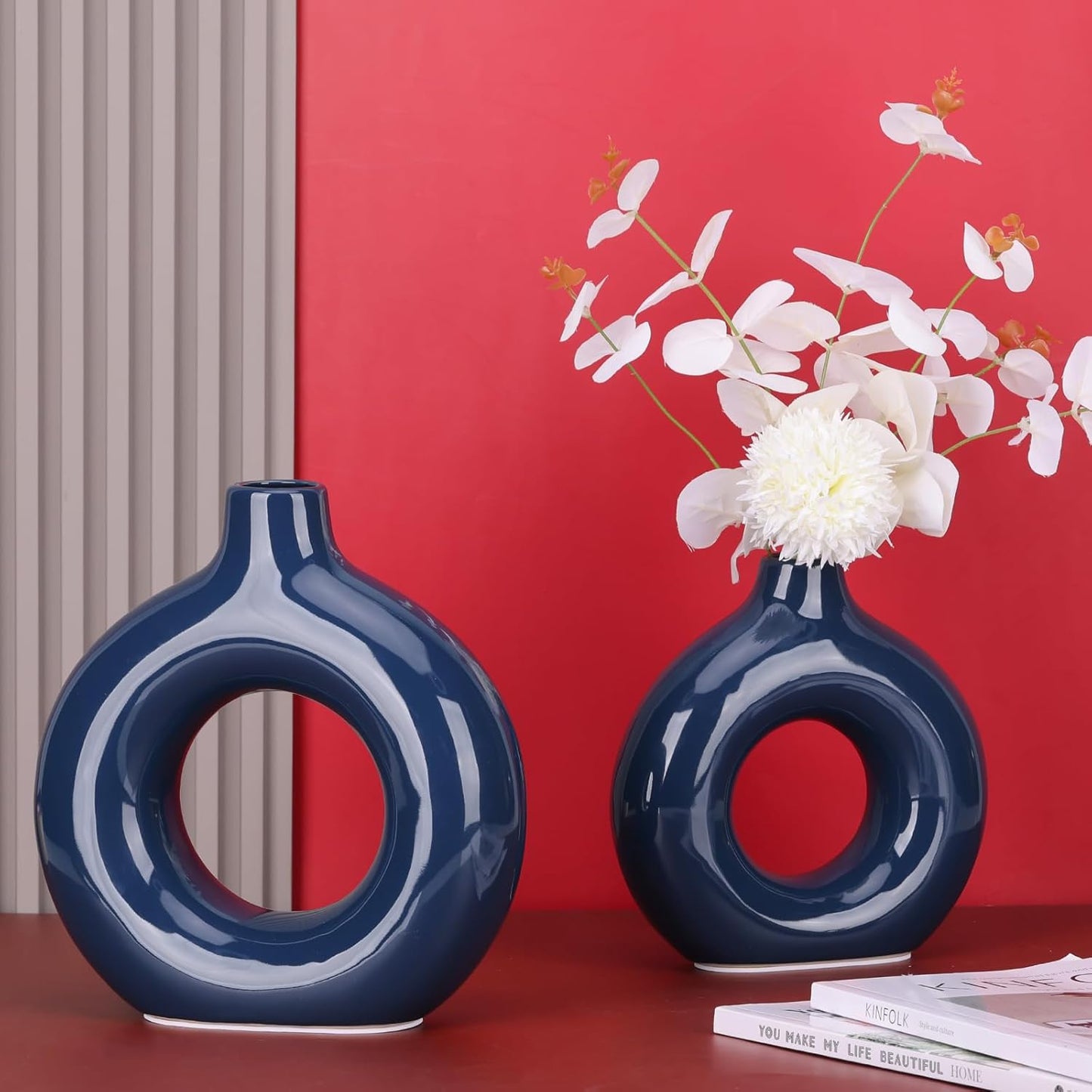 Ceramic Vases for Home Decor, Dark Blue Pampas Grass Vase, Donut Shaped Vase, Modern Dining Table Centerpiece