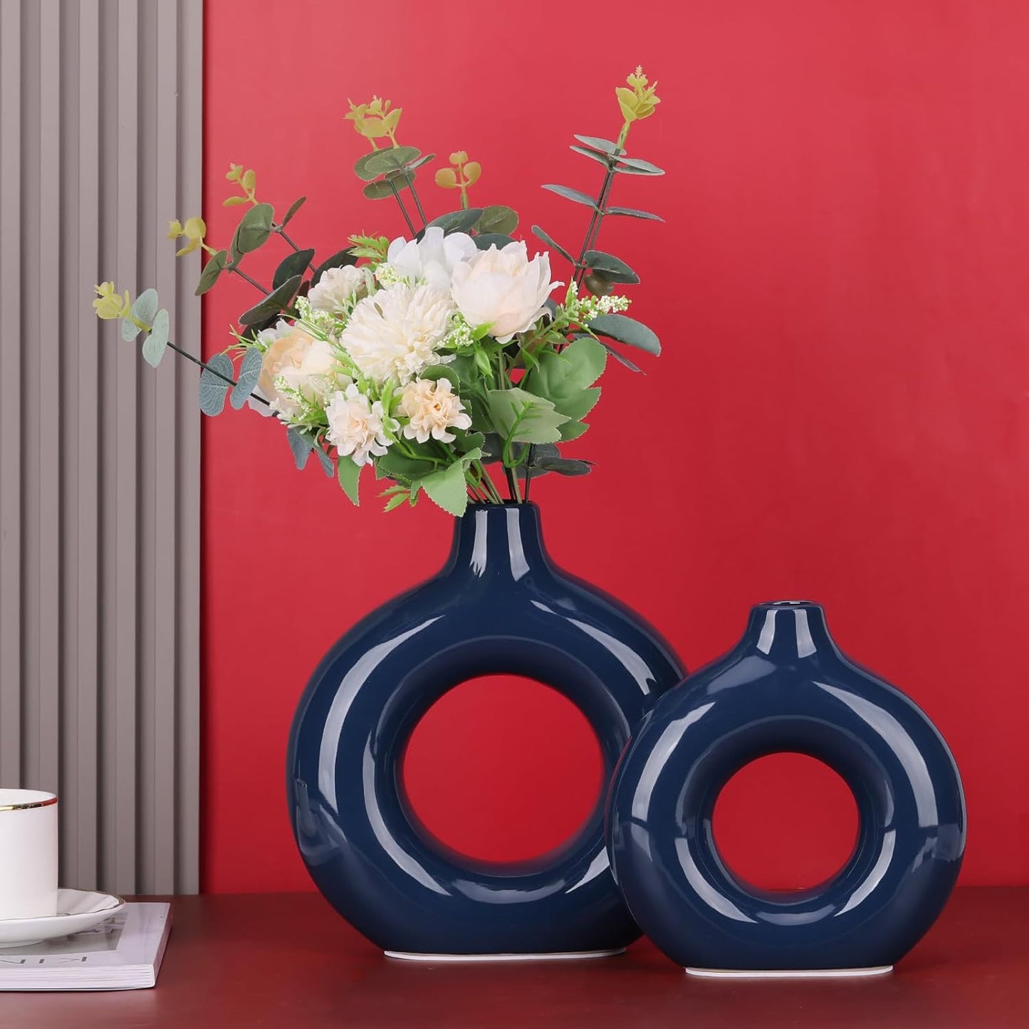 Ceramic Vases for Home Decor, Dark Blue Pampas Grass Vase, Donut Shaped Vase, Modern Dining Table Centerpiece