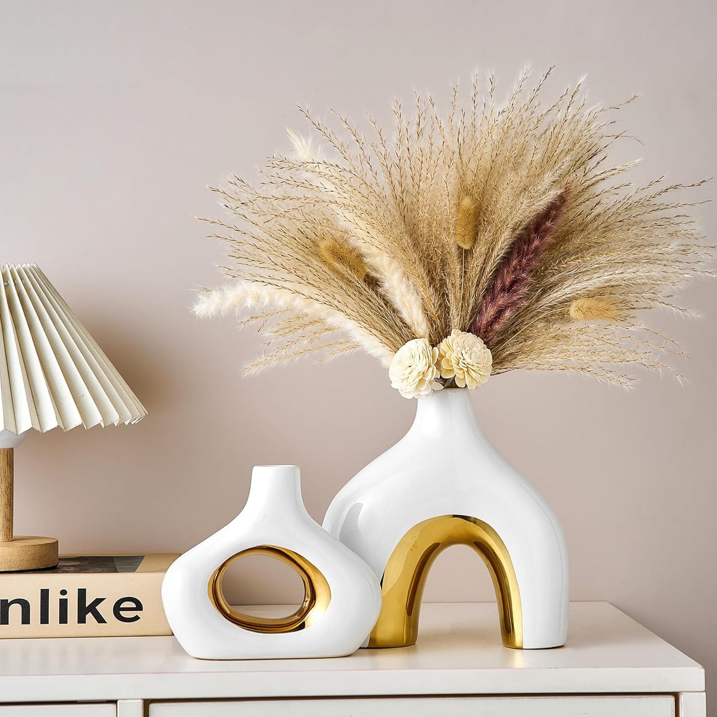 Ceramic Vase Set of 2 White and Gold Vase for Pampas Grass, Modern Donut Vase for Gold Decor, Round Vases Centerpieces for Wedding, Bedroom, Living Room, Coffee Table, Entryway, Office