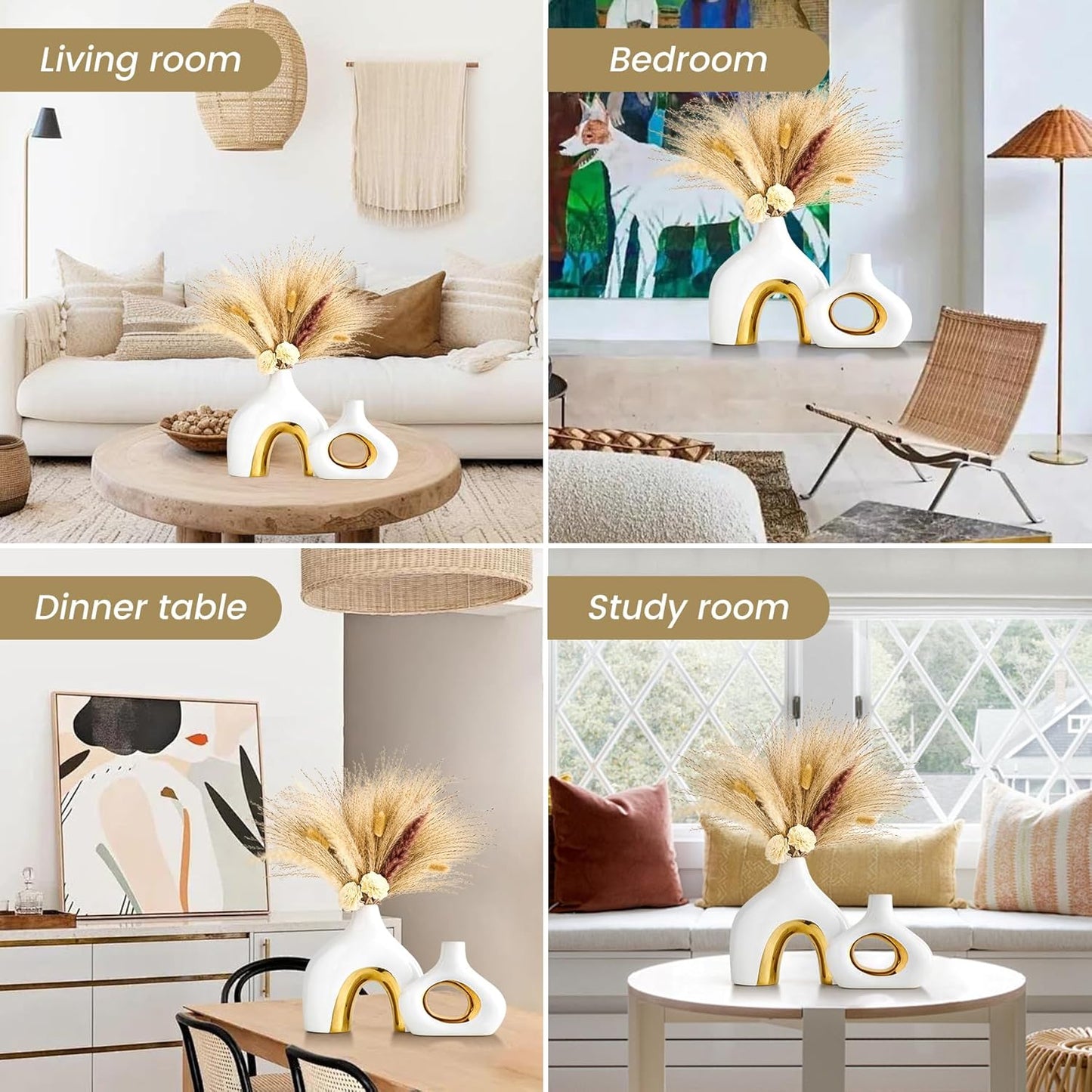 Ceramic Vase Set of 2 White and Gold Vase for Pampas Grass, Modern Donut Vase for Gold Decor, Round Vases Centerpieces for Wedding, Bedroom, Living Room, Coffee Table, Entryway, Office