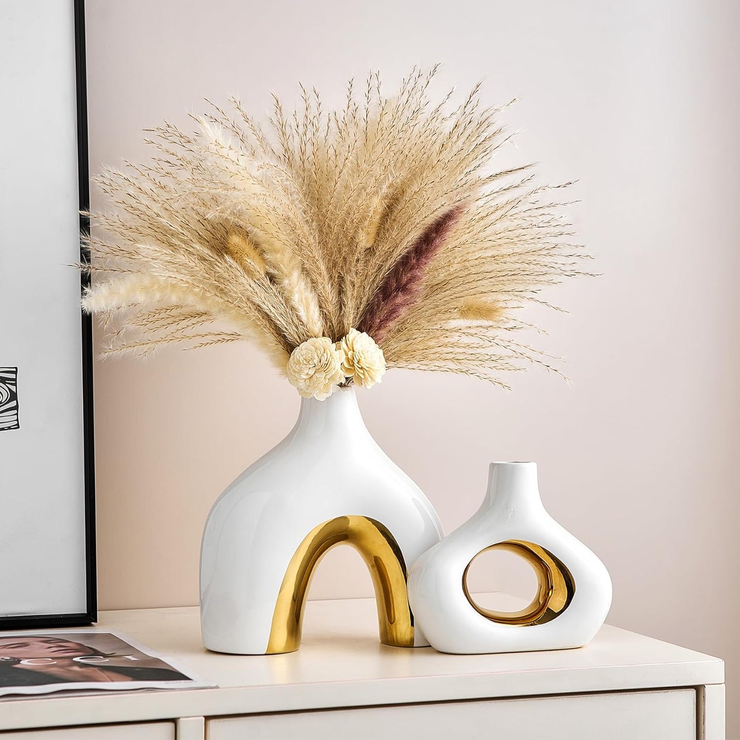 Ceramic Vase Set of 2 White and Gold Vase for Pampas Grass, Modern Donut Vase for Gold Decor, Round Vases Centerpieces for Wedding, Bedroom, Living Room, Coffee Table, Entryway, Office