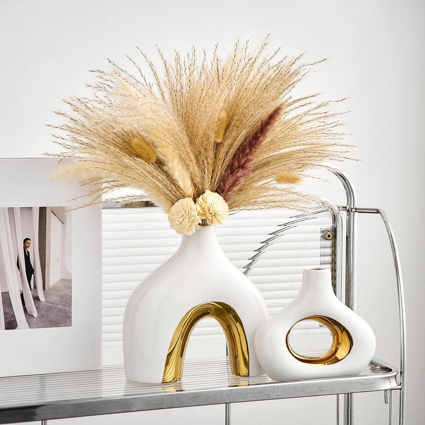 Ceramic Vase Set of 2 White and Gold Vase for Pampas Grass, Modern Donut Vase for Gold Decor, Round Vases Centerpieces for Wedding, Bedroom, Living Room, Coffee Table, Entryway, Office
