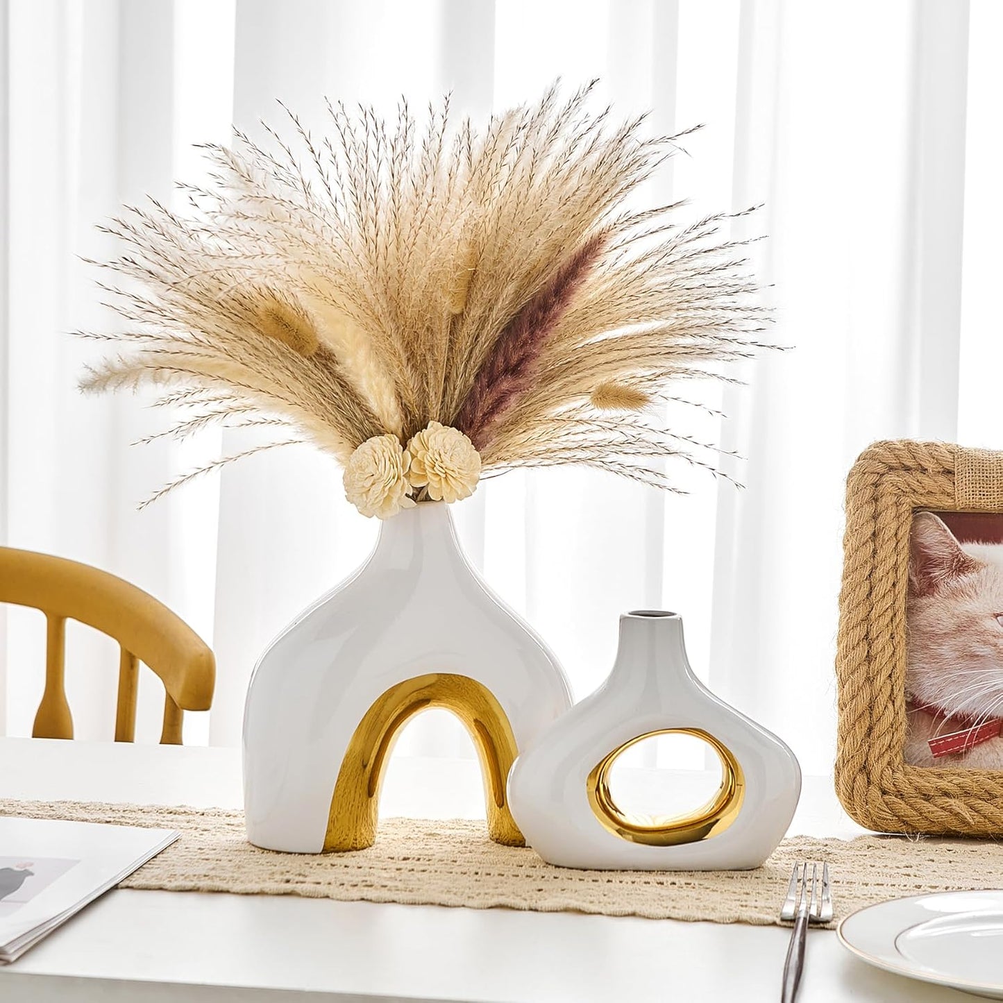 Ceramic Vase Set of 2 White and Gold Vase for Pampas Grass, Modern Donut Vase for Gold Decor, Round Vases Centerpieces for Wedding, Bedroom, Living Room, Coffee Table, Entryway, Office