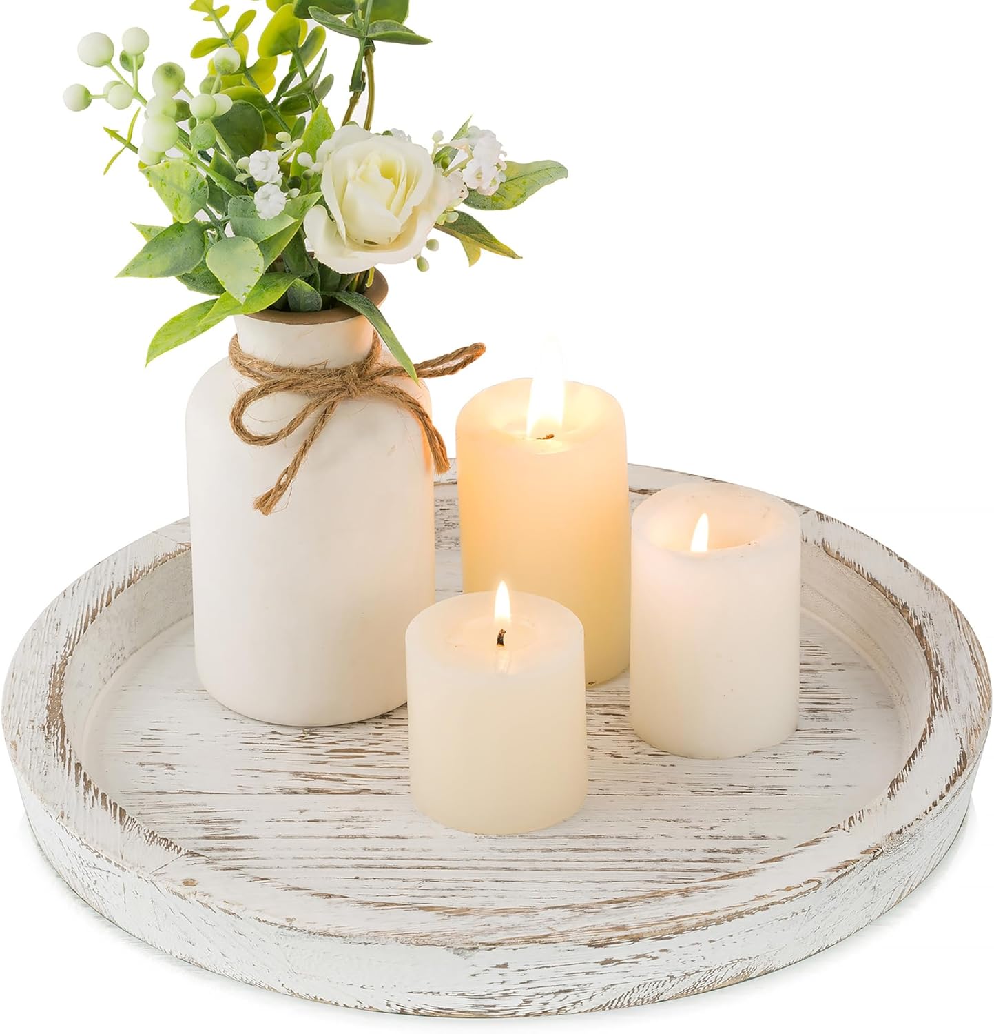 Candle Dish Holder Tray: Decorative Round Wooden Candle Dish, Small Farmhouse Table Centerpiece, Rustic White Wooden Tealight Tray for Christmas, Weddings, Halloween Parties, Home Decor