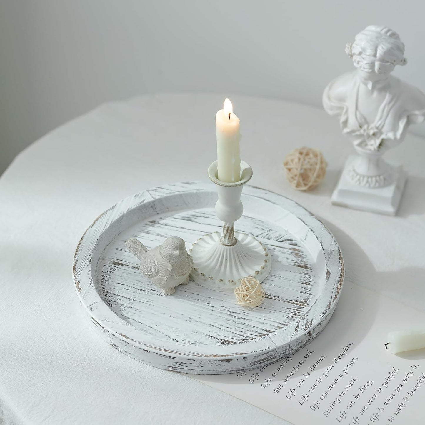 Candle Dish Holder Tray: Decorative Round Wooden Candle Dish, Small Farmhouse Table Centerpiece, Rustic White Wooden Tealight Tray for Christmas, Weddings, Halloween Parties, Home Decor