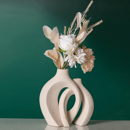 Set of 2 Ivory White Hollow Ceramic Vases, Modern Round Vase for Bookshelf Decor Scandinavian Minimalist Style, Vases for Modern Home Living Room and Coffee Table Entryway