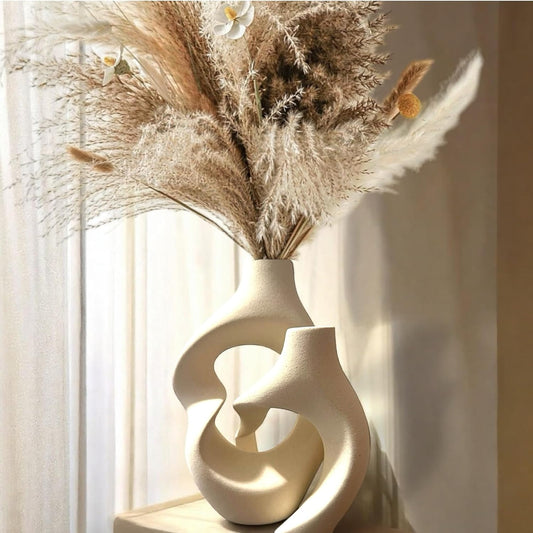 2-Piece Ceramic Vases Set - Donut Shape Hollow Flower Vase for Home Decor, Modern Nordic Boho Style Vases for Coffee Table Decor, Bookshelf Decor, Living Room, Entryway, Office Display (Cream White)