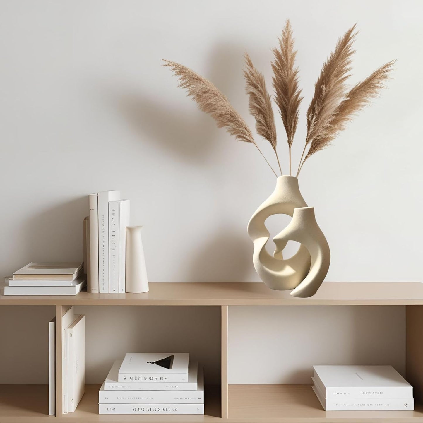 2-Piece Ceramic Vases Set - Donut Shape Hollow Flower Vase for Home Decor, Modern Nordic Boho Style Vases for Coffee Table Decor, Bookshelf Decor, Living Room, Entryway, Office Display (Cream White)