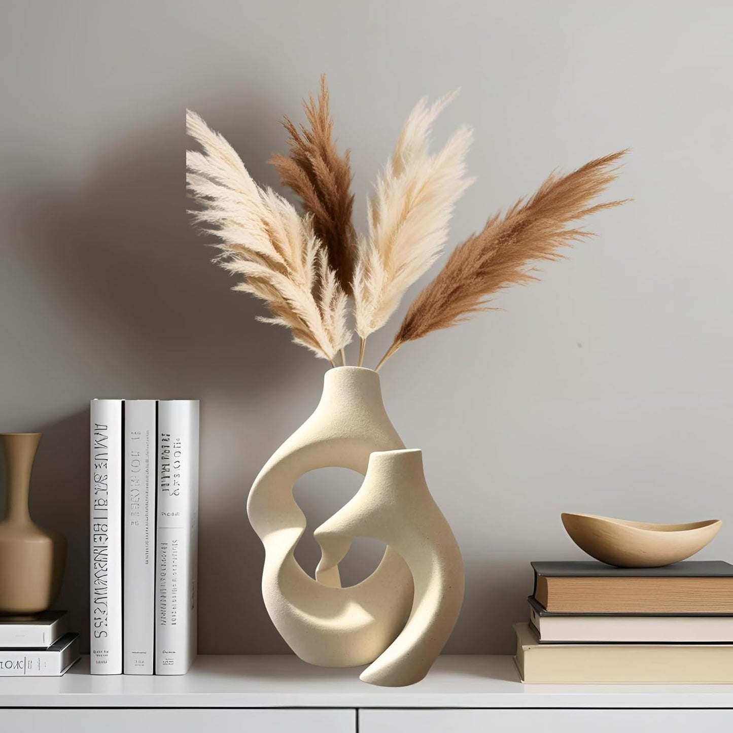 2-Piece Ceramic Vases Set - Donut Shape Hollow Flower Vase for Home Decor, Modern Nordic Boho Style Vases for Coffee Table Decor, Bookshelf Decor, Living Room, Entryway, Office Display (Cream White)