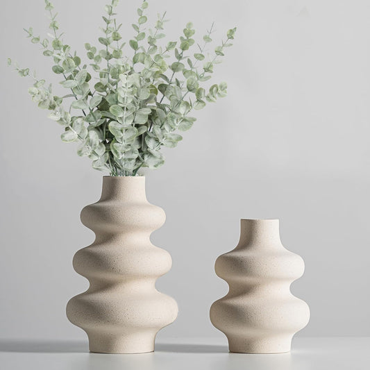 2-Piece Ceramic Vases Set, Modern Home Decor, Ivory White Round Vases, Modern Dried Flower Vases, Boho Home Decor for Wedding Centerpieces, Dinner Tables, Living Room, Office, Bedroom