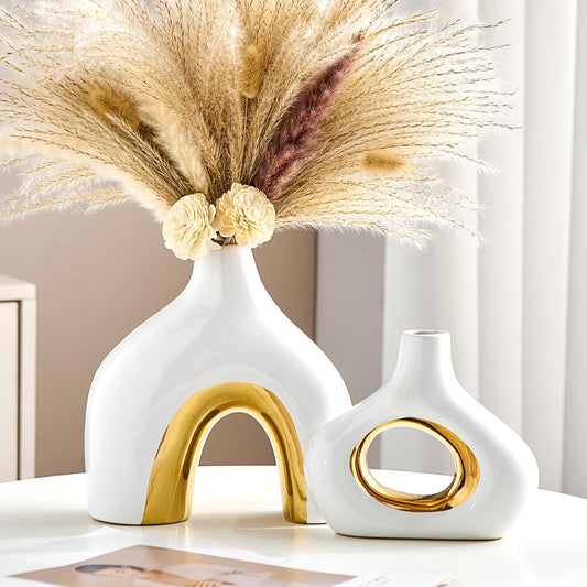 Ceramic Vase Set of 2 White and Gold Vase for Pampas Grass, Modern Donut Vase for Gold Decor, Round Vases Centerpieces for Wedding, Bedroom, Living Room, Coffee Table, Entryway, Office