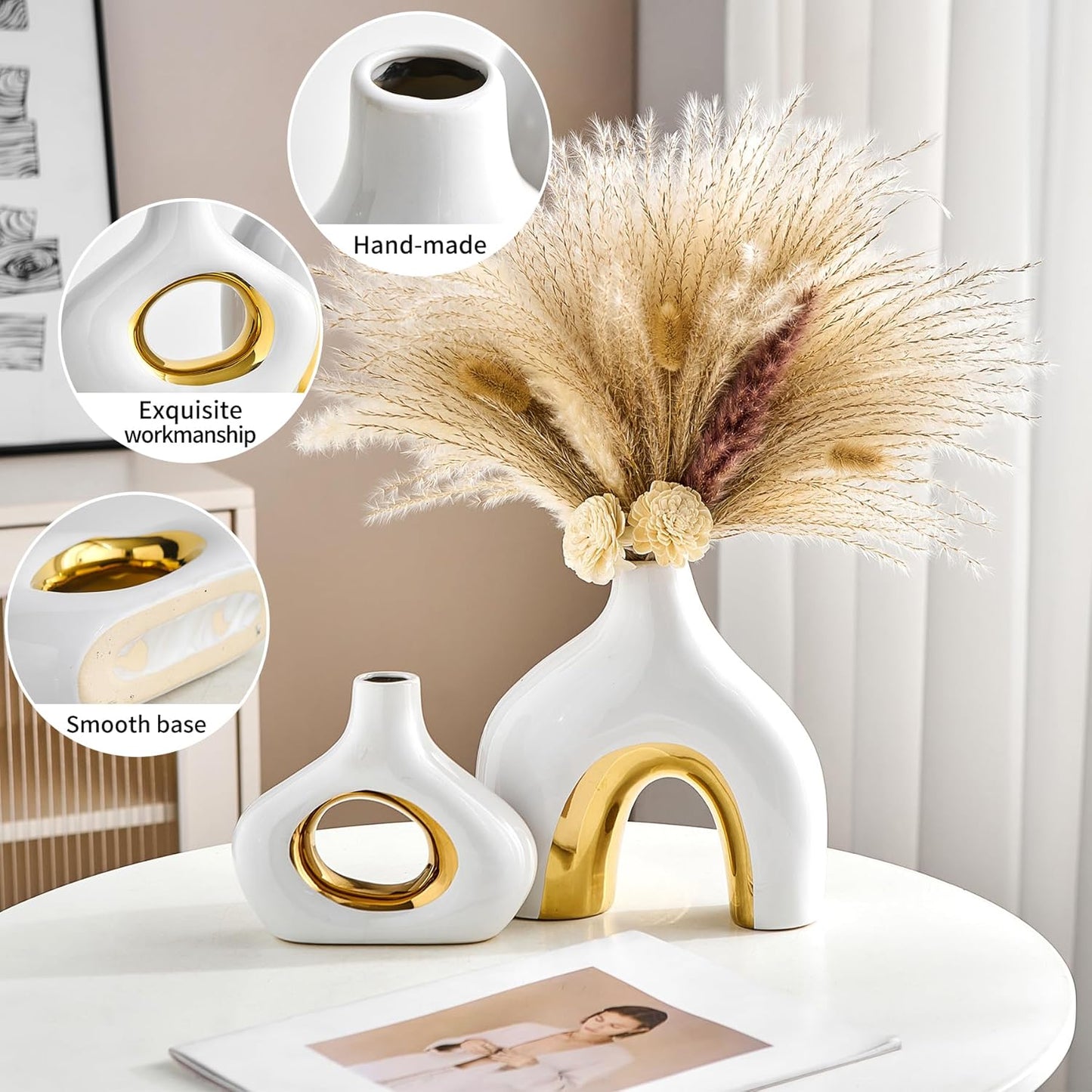 Ceramic Vase Set of 2 White and Gold Vase for Pampas Grass, Modern Donut Vase for Gold Decor, Round Vases Centerpieces for Wedding, Bedroom, Living Room, Coffee Table, Entryway, Office