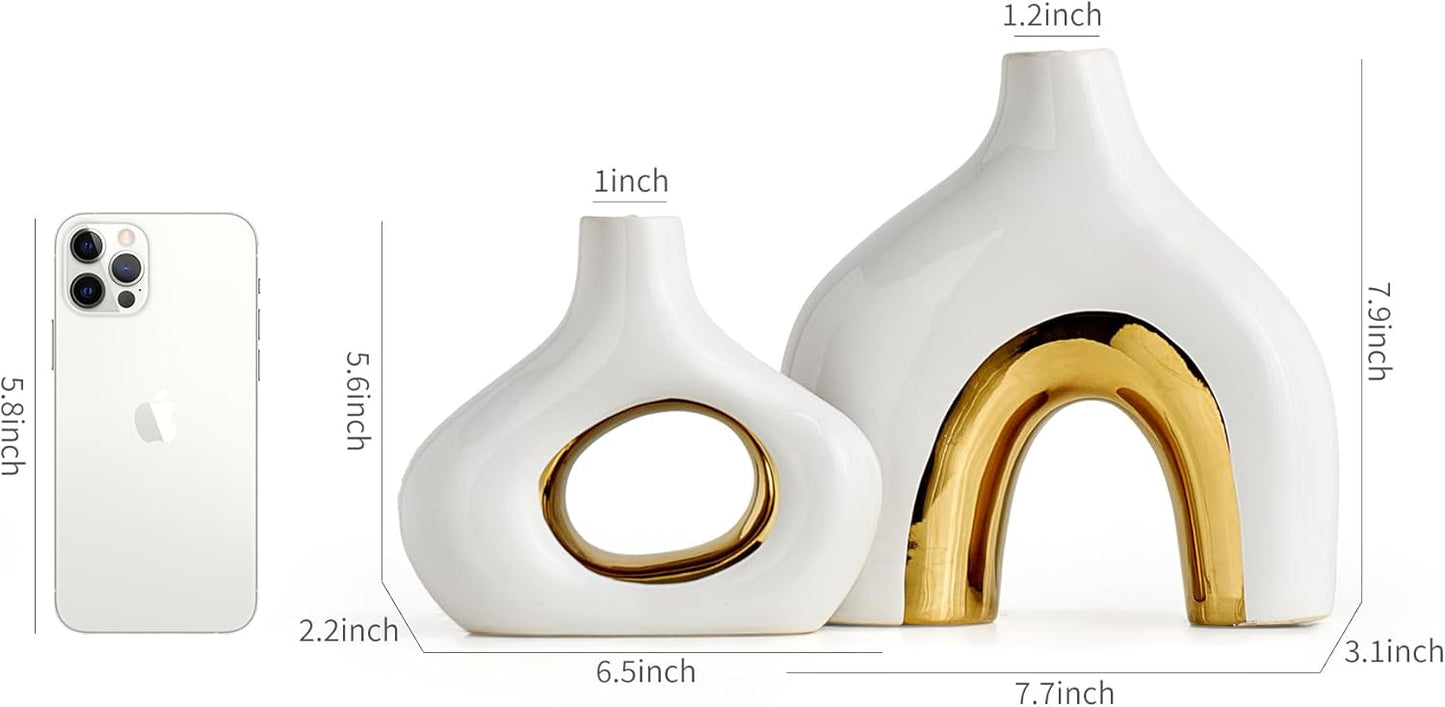 Ceramic Vase Set of 2 White and Gold Vase for Pampas Grass, Modern Donut Vase for Gold Decor, Round Vases Centerpieces for Wedding, Bedroom, Living Room, Coffee Table, Entryway, Office
