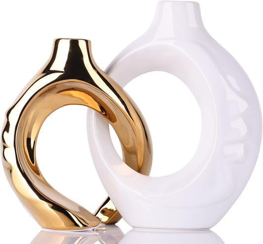 White Gold Ceramic Vase Set of 2 for Modern Home Decor,Round Boho Vase for Pampas Grass,Neutral Minimalist Statue for Dining Room Table Centerpiece Dining Room,Wedding Table Decoration