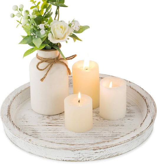 Candle Dish Holder Tray: Decorative Round Wooden Candle Dish, Small Farmhouse Table Centerpiece, Rustic White Wooden Tealight Tray for Christmas, Weddings, Halloween Parties, Home Decor